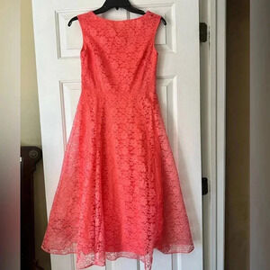 Betsey Johnson dress, coral, tea length, lace, size 2